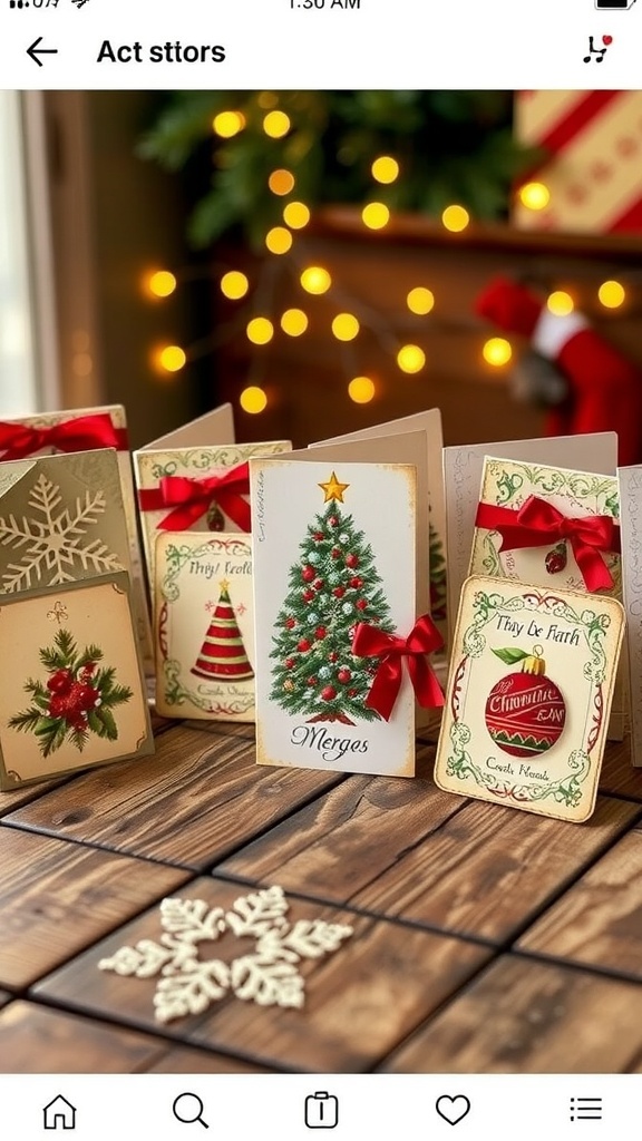 Vintage Christmas Card Crafting Guide A display of vintage Christmas cards with traditional designs on a wooden table, surrounded by festive decorations.